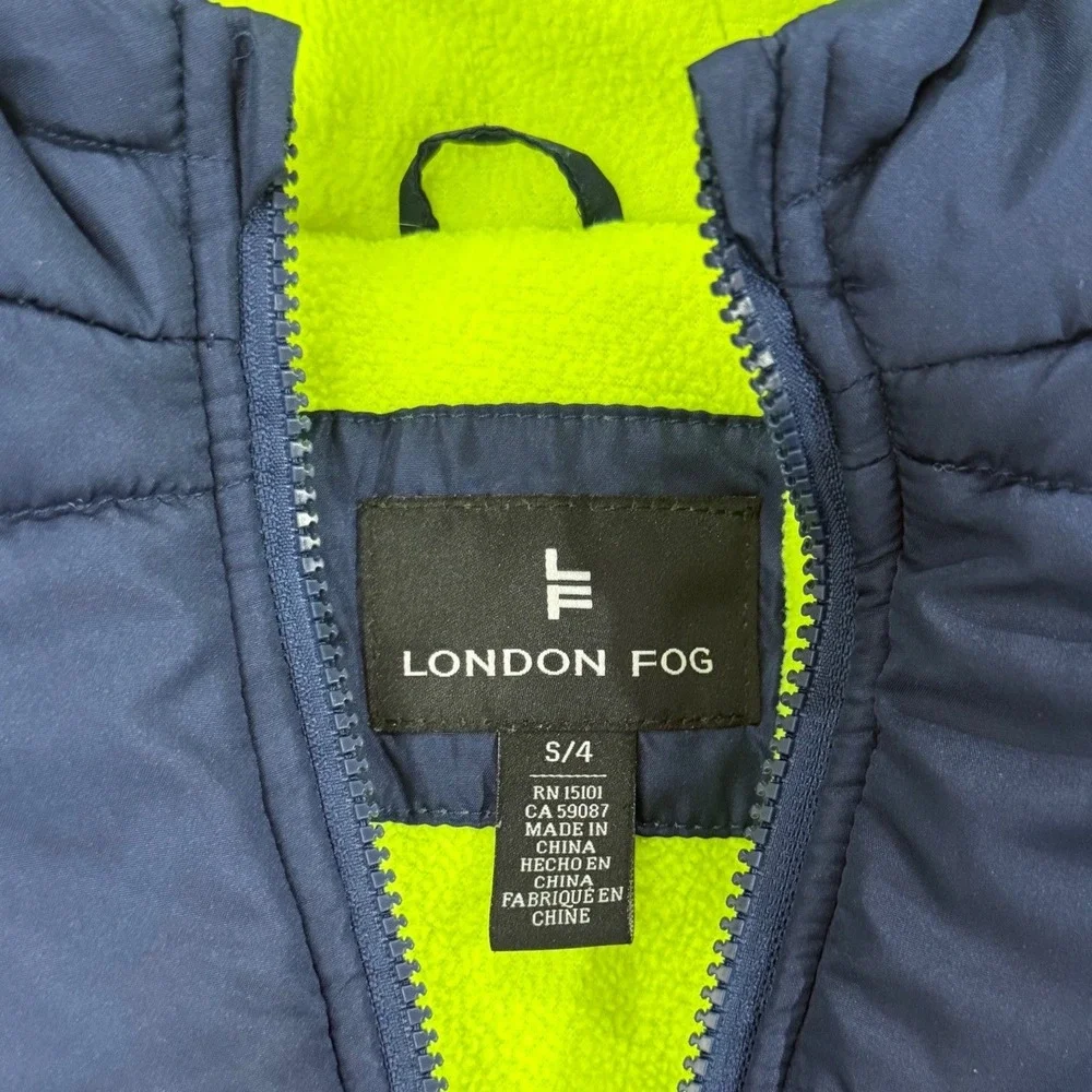 London Fog Kids Navy Blue Yellow Fleece Lined Puffer Jacket Hooded Size S/4